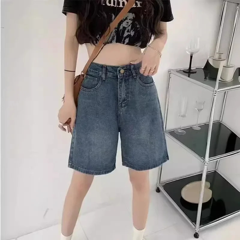 Korean Style Simplewashingdenim Womens High-Waisted Slimming Straight-Leg Wide-Leg Mid-Length Trendy Shorts Summer 250210