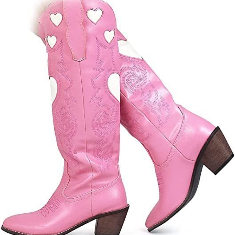 2025 new Pink Heart Shape Knee High Cowboy For Women Retro Patchwork Sewing ral Western Boots Shoes 231204