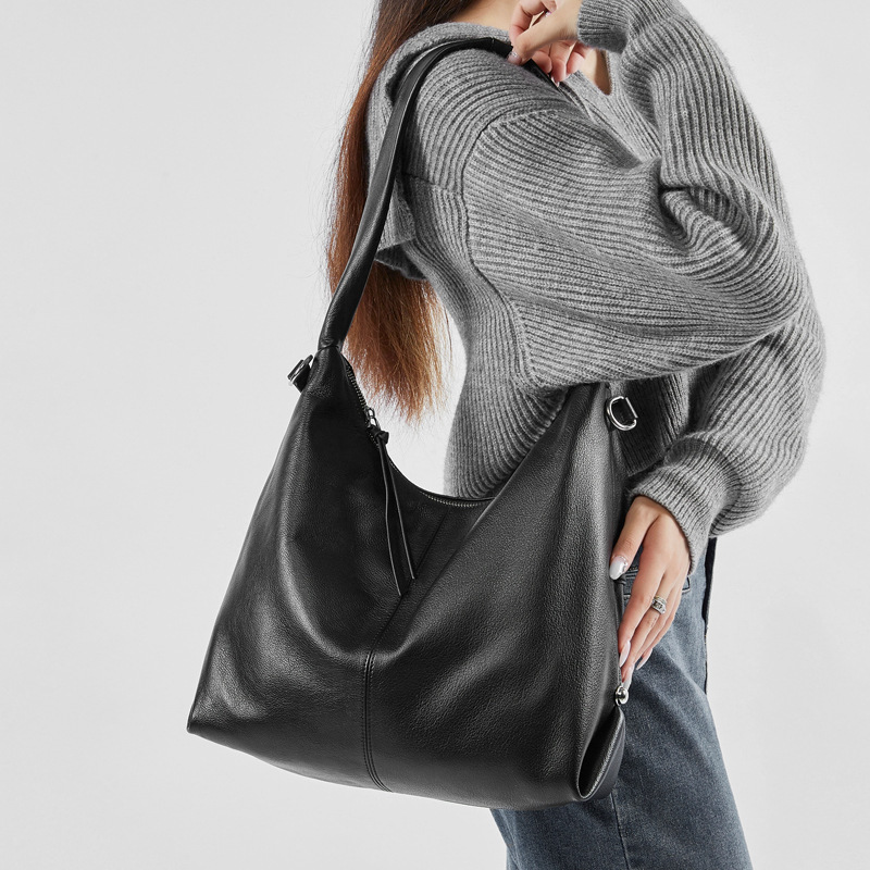 Bag Real Leather Large Capacity Stylish New Korean Version Trendy Fashion Solid Color Casual Commuting Shoulder Tote Women's Bag
