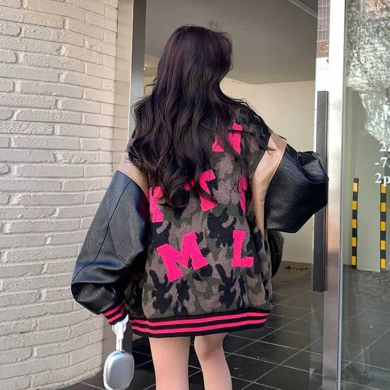 2024 New Camouflage Student Loose American Retro Baseball Jacket Embroidered Letter Design Vintage Baseball Jacket for Girls X250213