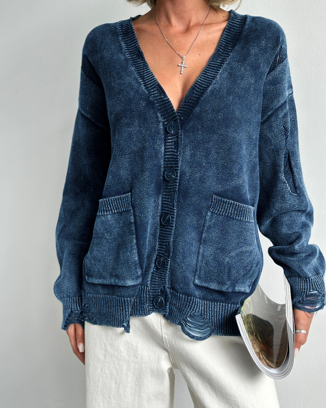2025 New Hole Retro Vintage Button Knitted Cardigan Women Oversized Soft Tops Autumn Female Fashion Loose Fit Causal Sweater