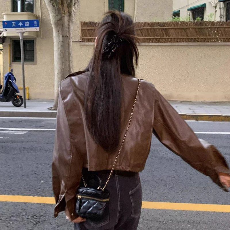 American Vintage Brown Leather Jacket Women Casual Y2k Cropped PU Motorcycle Coats Spring Autumn Harajuku Korea Female Outwear 250213