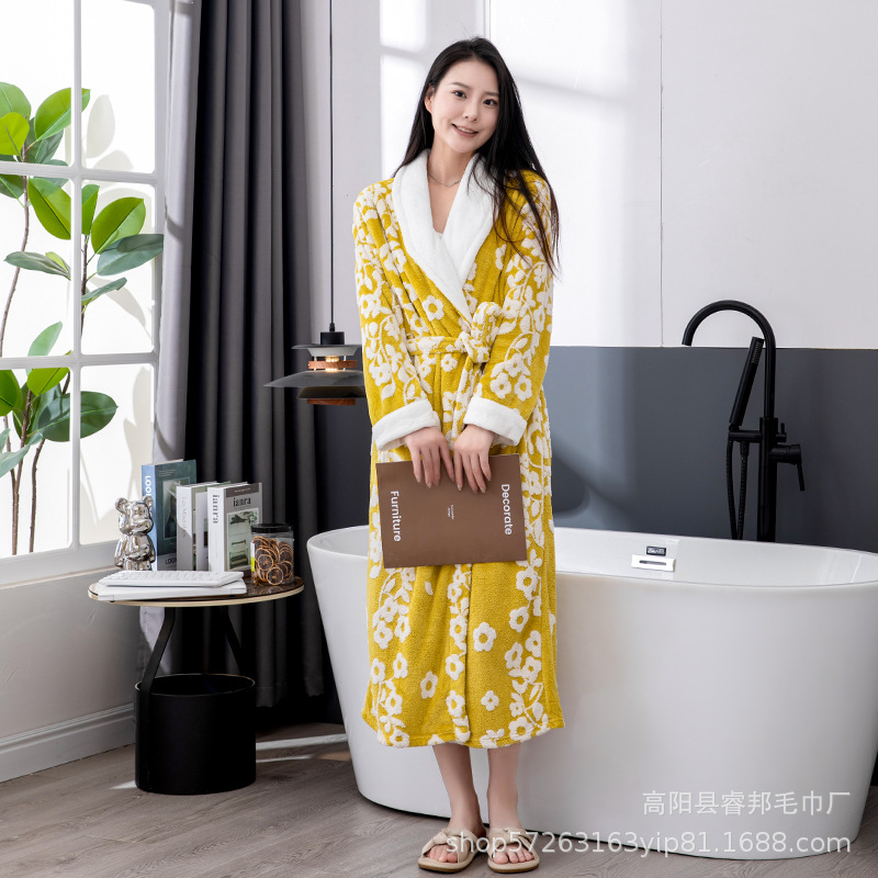 B689-Thickened jacquard coral fleece nightgown for men and women long plush bathrobe lapel home clothes