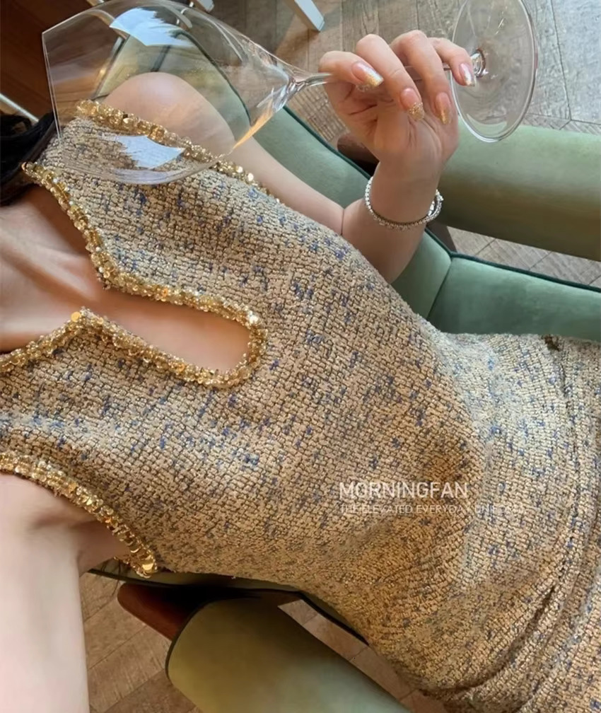 2024 Runway Women Dias Sequins V Neck Tank Prom Party Mini Dress Autumn Winter Tweed Sleeveless Vest Weave A E Clohtes