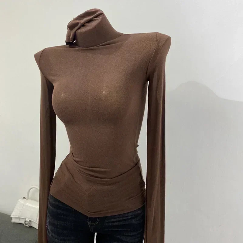 Turtleneck ultra-thin high-quality plain weave T-shirt for women cotton elastic basic womens top long sleeved sexy thin T-shirt See Through 250208