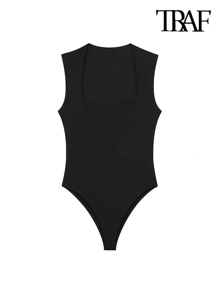 TRAFSkinny Bodysuits for Women Sexy Fashion Square Neck Sleeveless SnapButton Female Playsuits Mujer 250211