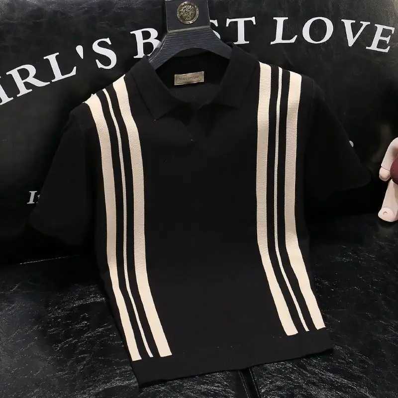 Korean mens striped polo shirt summer streetwear fashionable mens clothing T-shirt slim fit short sleeved loose basic casual top X250213