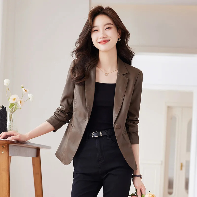 Simple PU Leather Women Blazer and Jackets Autumn Winter Clothes Female Suit Coat Office Ladies Elegant Stylish Outerwear Tops 250213
