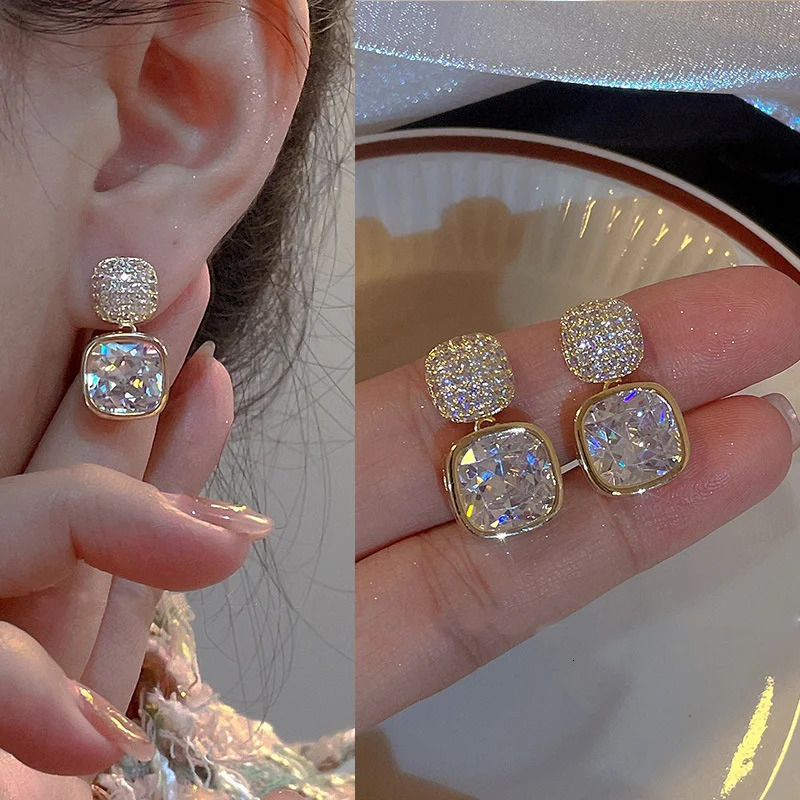 Square Colorful Zircon Ear Stud Earrings for Women Personality Fashion Daily Wear Accessories Party Jewelry Birthday Gifts 250210