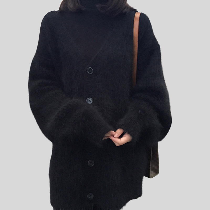 New autumn lazy wind lantern sleeves imitation mink fleece loose sweater casual knitted cardigan jacket women's thick