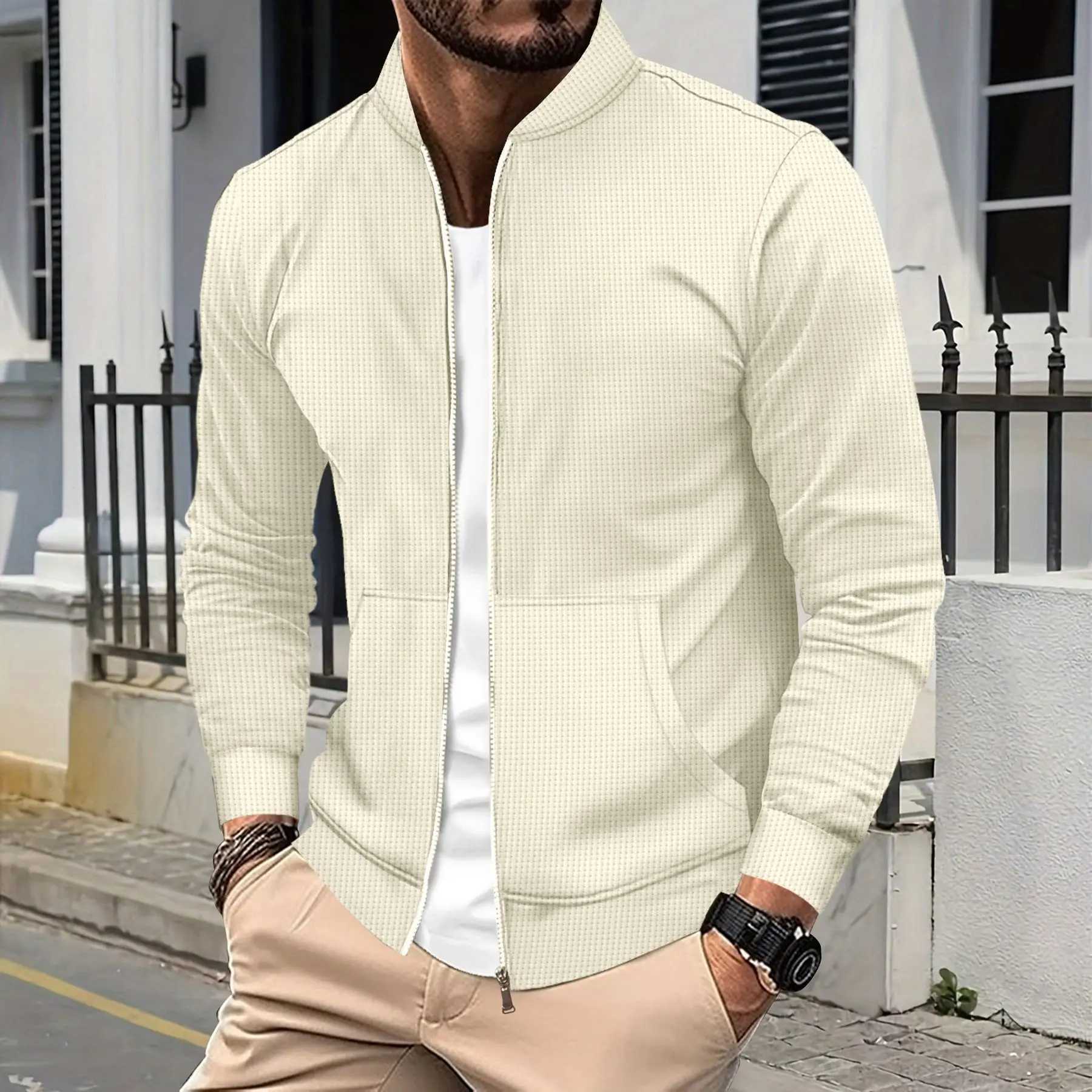 2024 Mens fall/winter new fashion comfort Waffle solid color zipper baseball jacket pocket long sleeve outdoor sports coat X250213