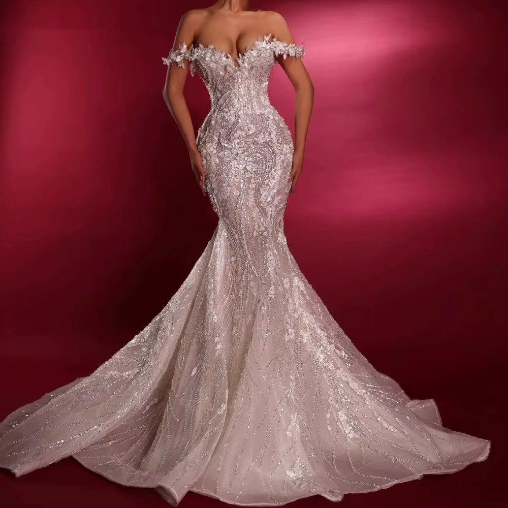 Mermaid Wedding Dress Off Shoulder Sleeveless Bridal Gowns Sequins Appliques Sweep Train Dresses Custom Made vestidos de novia