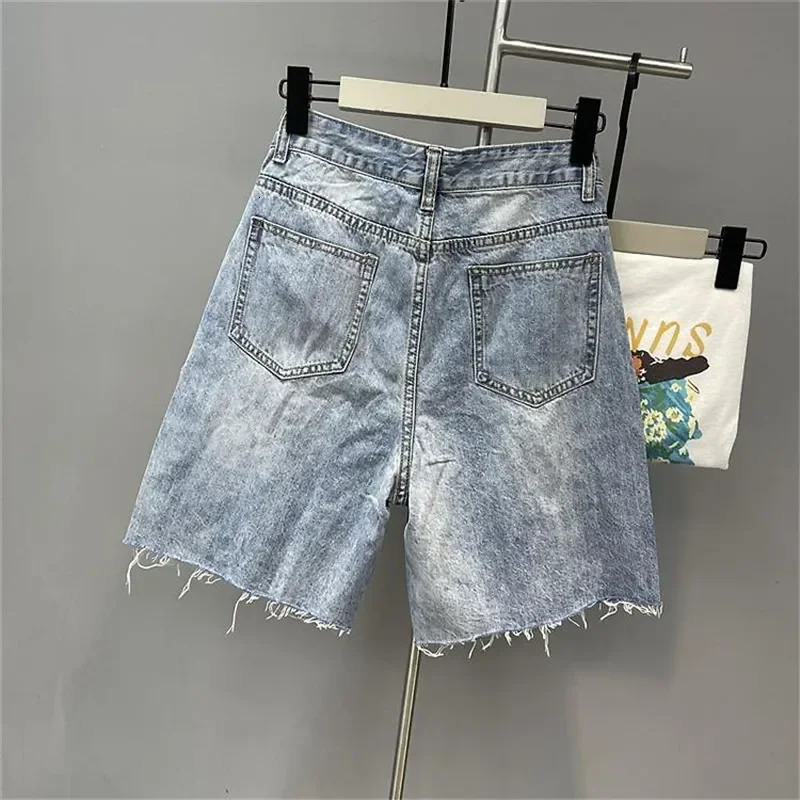 Summer Nail bead 3D three-dimensional flower Denim Shorts Women European High Waist Washed Pants Stretchy Jeans pants 250210