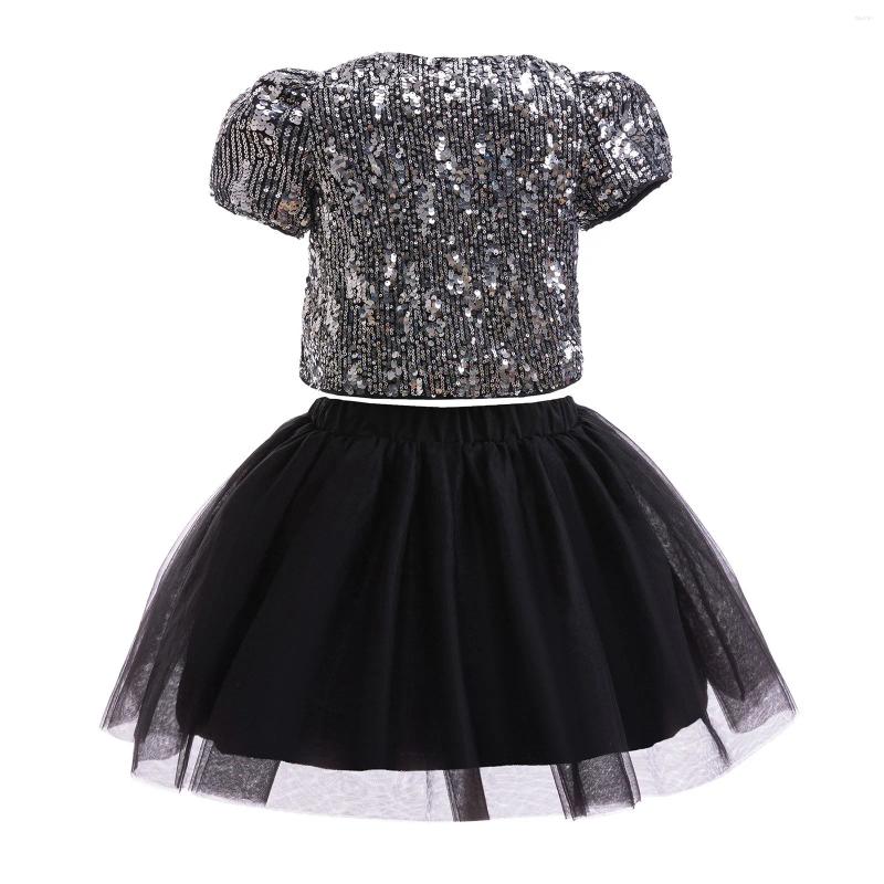 Girl Dresses Girls French Retro Sequin Dress Short Sleeve Jacket Top And Mesh Skirt Tutu Two Piece Set Size 12 Outfits