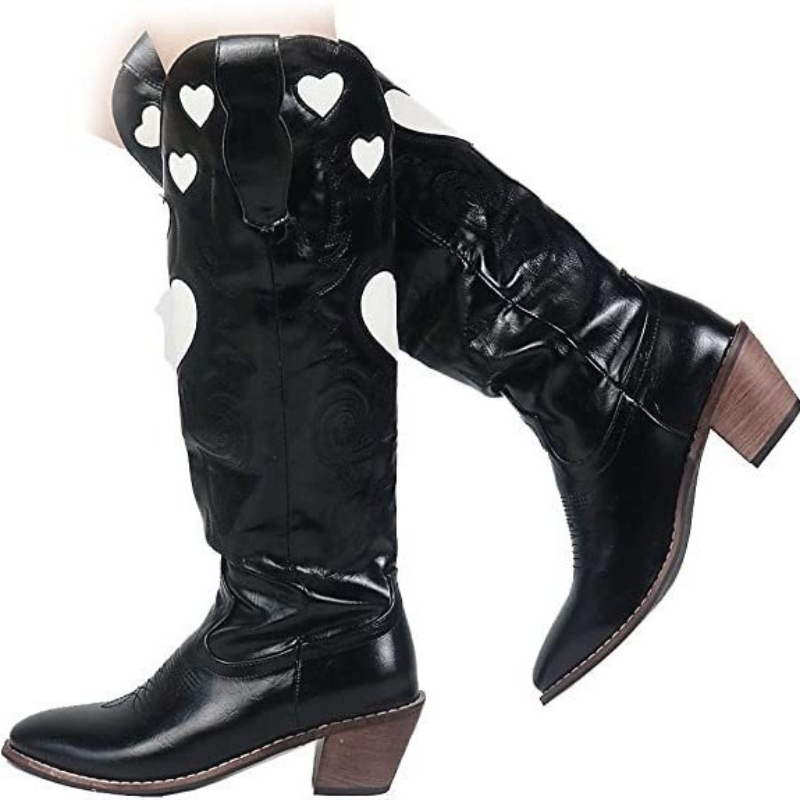 2025 new Pink Heart Shape Knee High Cowboy For Women Retro Patchwork Sewing ral Western Boots Shoes 231204