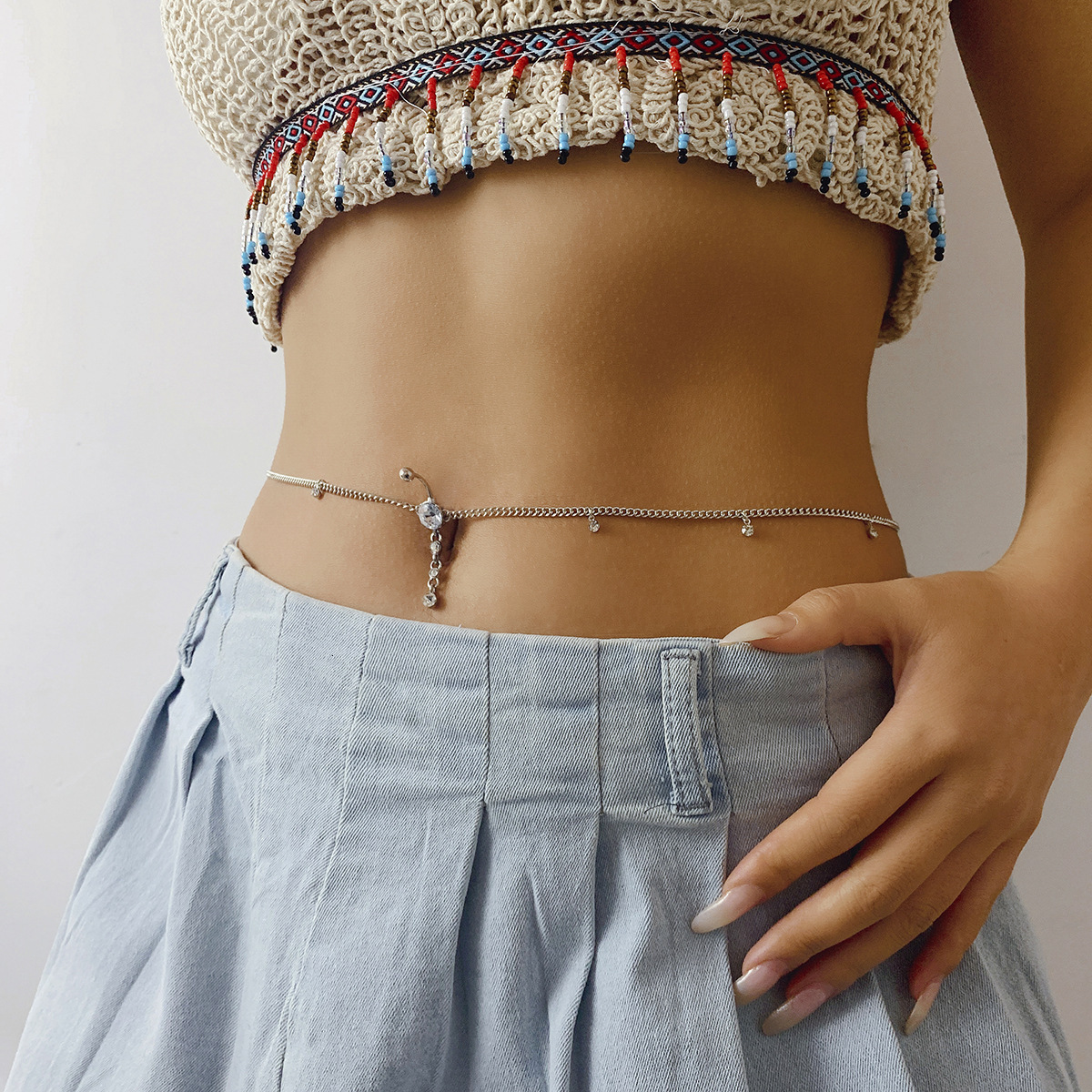 fashion Jewelry personality simple and fashionable micro inlay body sexy rhie tassel geometric designer waist chain
