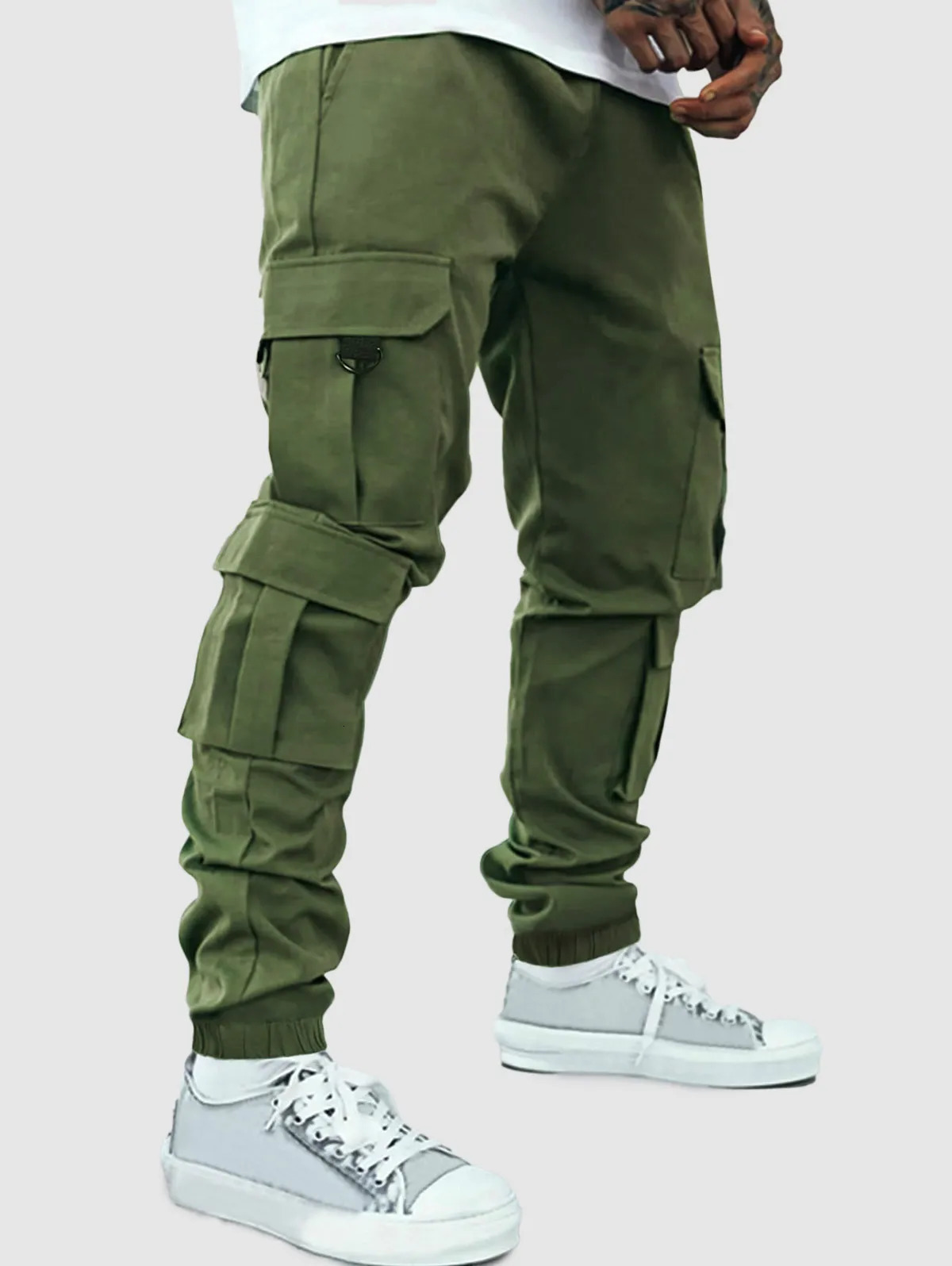 Mens Streetwear Solid Color Multipockets n Techwear Beam Feet Drawstring Cargo Pants 250122