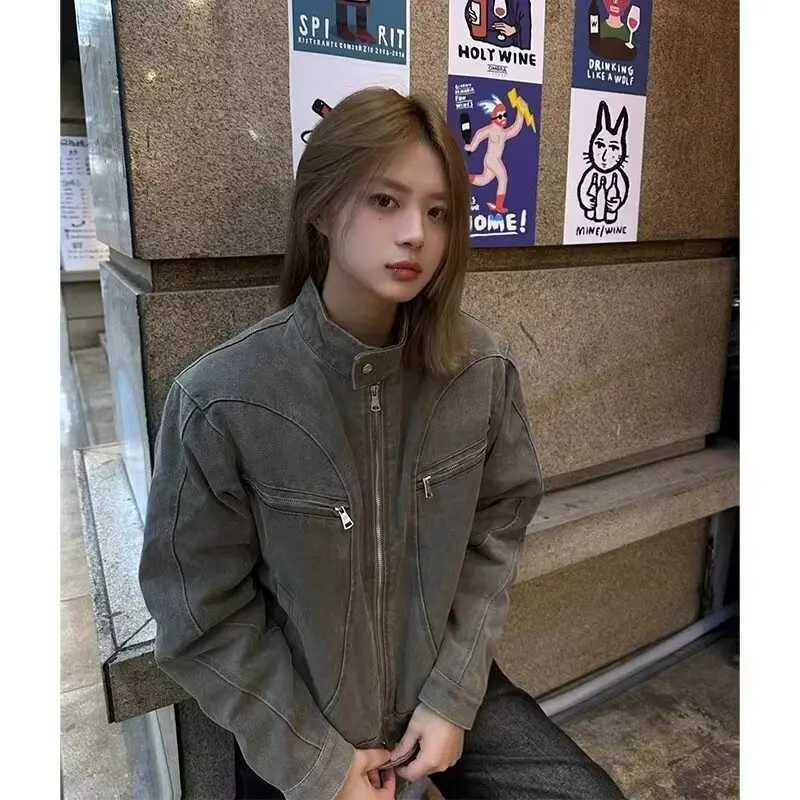 American retro washed short denim jacket for men Y2k Harajuku Chunqiu niche design stand collar retro fashionable casual jacket X250213
