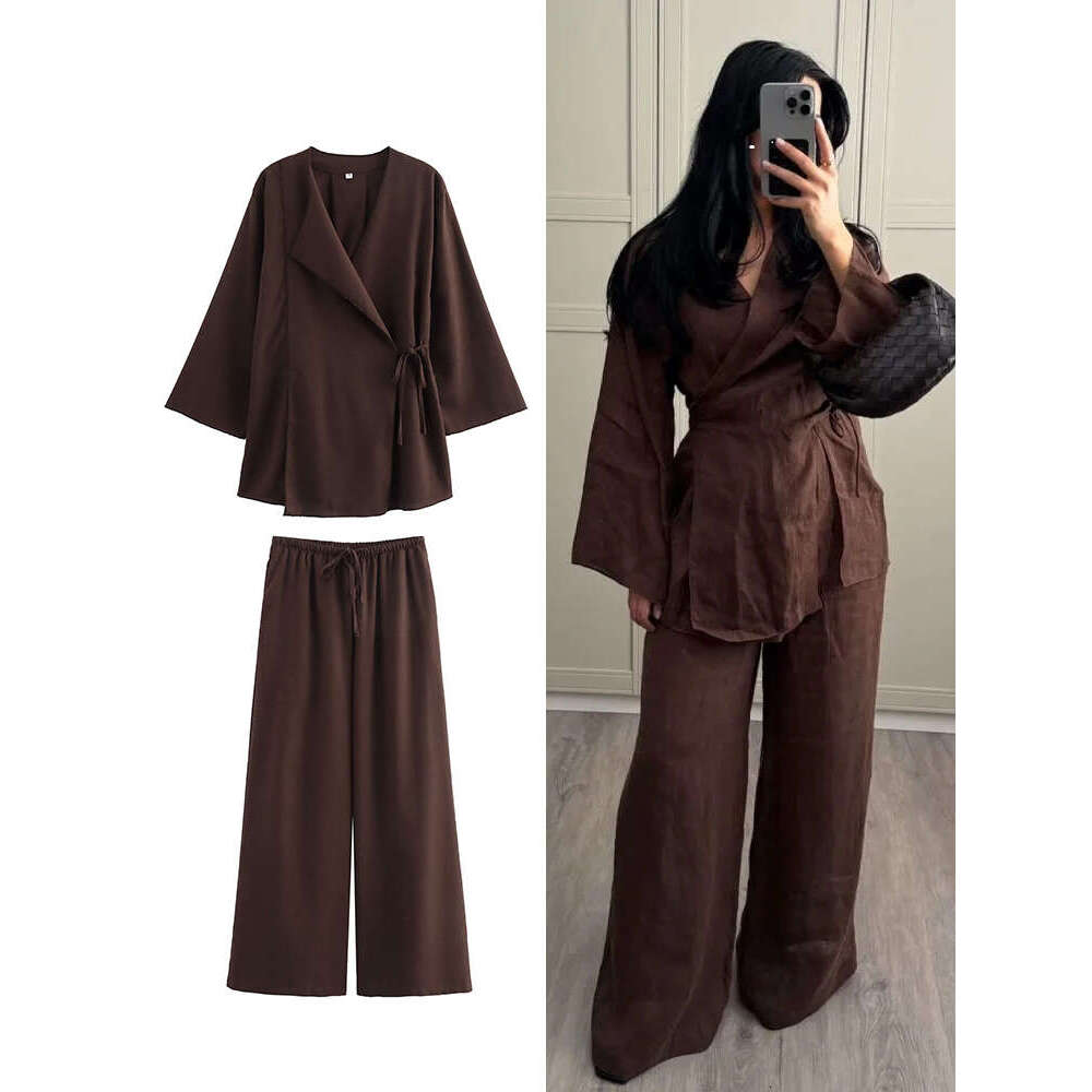 Fashion En 2 Pieces Women 2025 Spring Summer Kimono Style Loose Lace Up Shirts Tops Women's Wide Leg Pants Sets