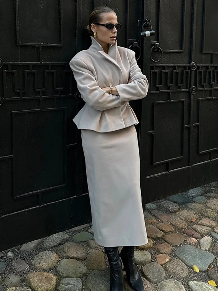 Fashion Women 2 Piece Set Outfit Elegant Pleated High Waist Slim Full Sleeve Coat Long Skirt 2025 Spring Ladies Commuting Suit 250213