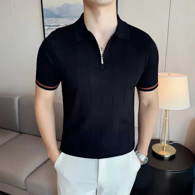 High Elastic Slim Fit Men Short Sleeve Knitted Polo Shirt 2024 Summer Light Thin Solid Striped Casual Lapel T-shirt Men Clothing X250213