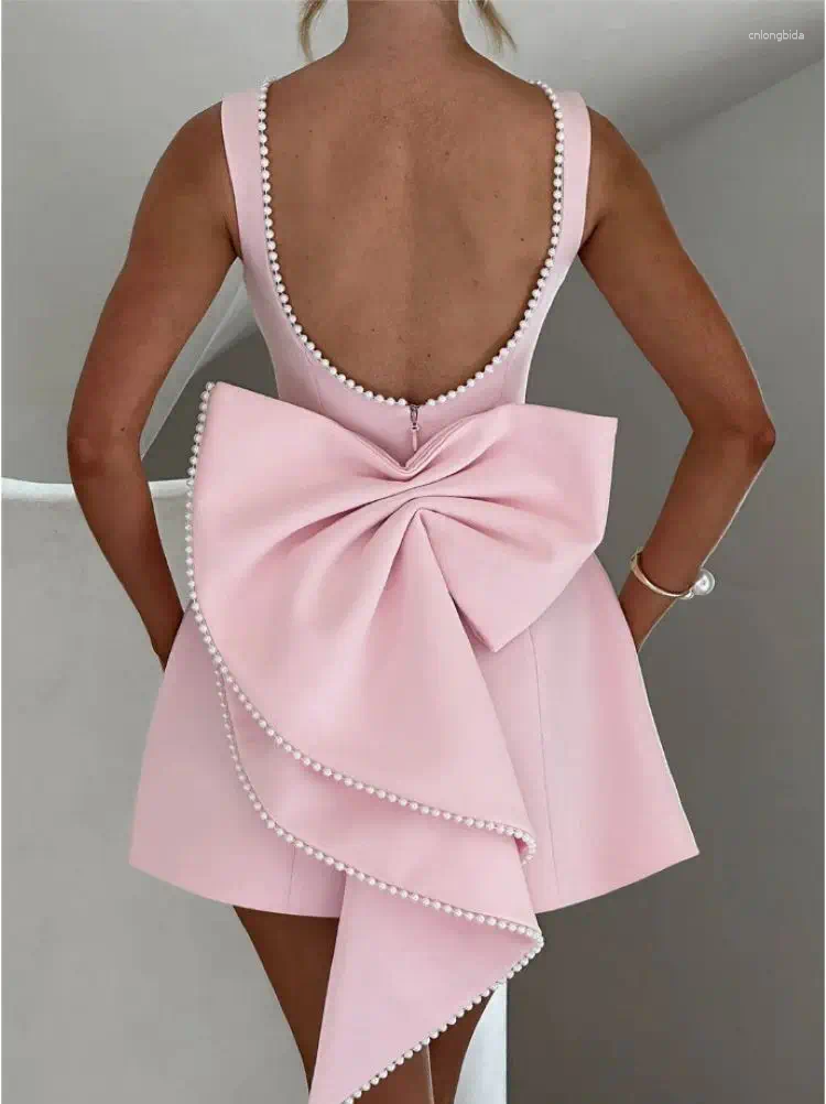 Casual Dresses Elegant Pearl Bow Backless Short Dress Women's Sleeveless Party Cute Mini Black White Pink Chic Birthday Evening Y2K
