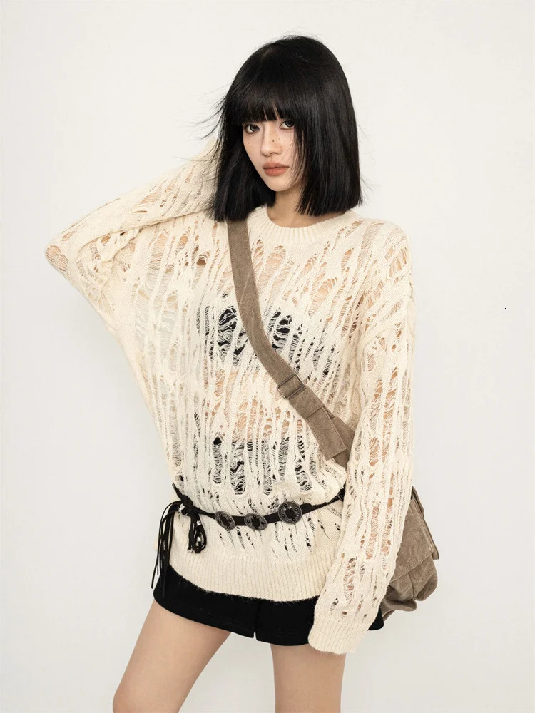 Baggy Hollow Out Sweaters Women Cozy Sun-proof Vintage Slouchy Knitwear Korean Fashion Holiday Versatile Jumper High Street Chic 250210