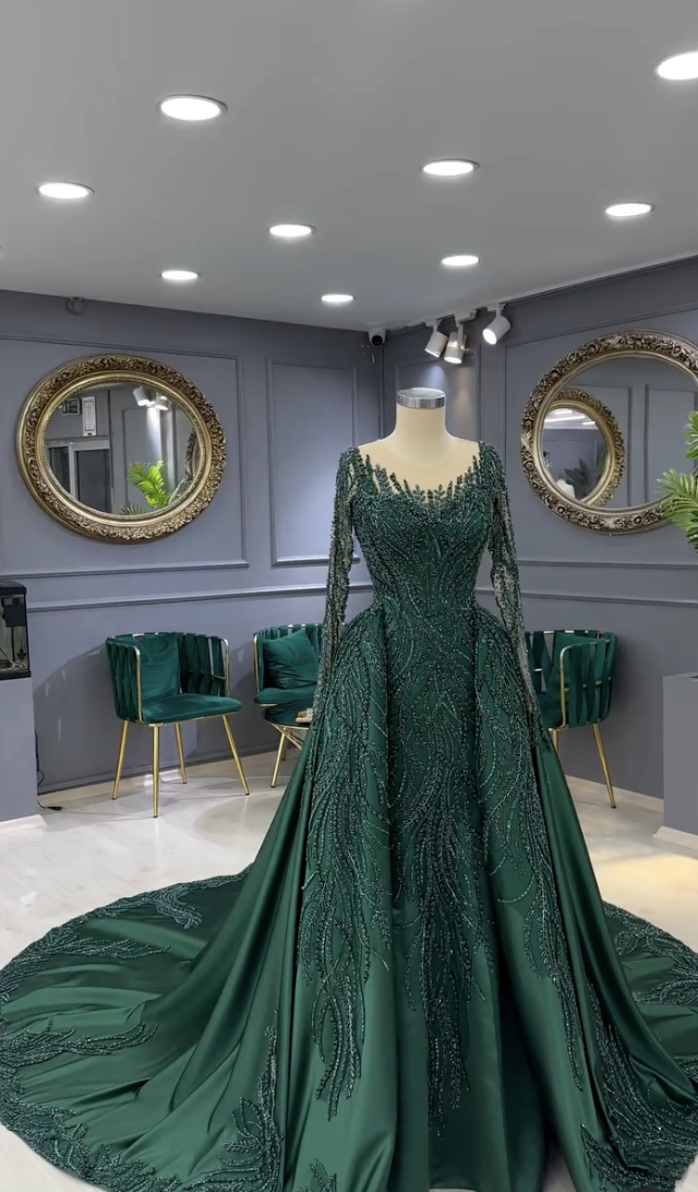 Emerald green beaded Evening Dresses illusion long sleeve gala women satin dresses for special ocns