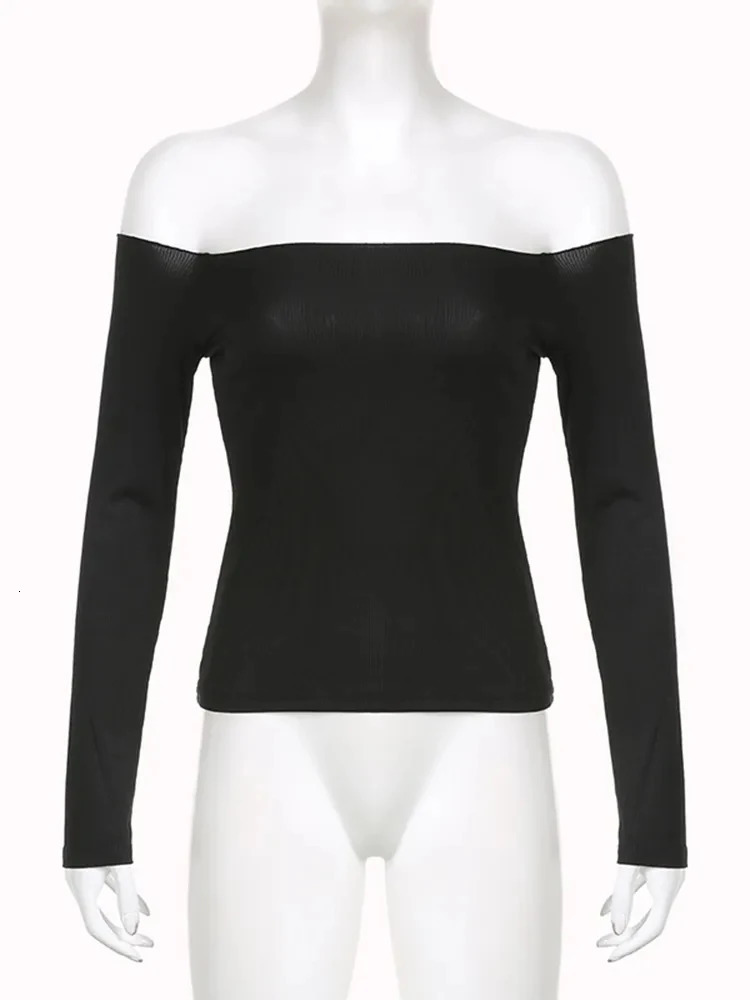Black Solid Slash Neck Elegant Long Sleeve Tops Korean Fashion Slim Sexy Cropped T Shirt Women Fall Clothing 250208