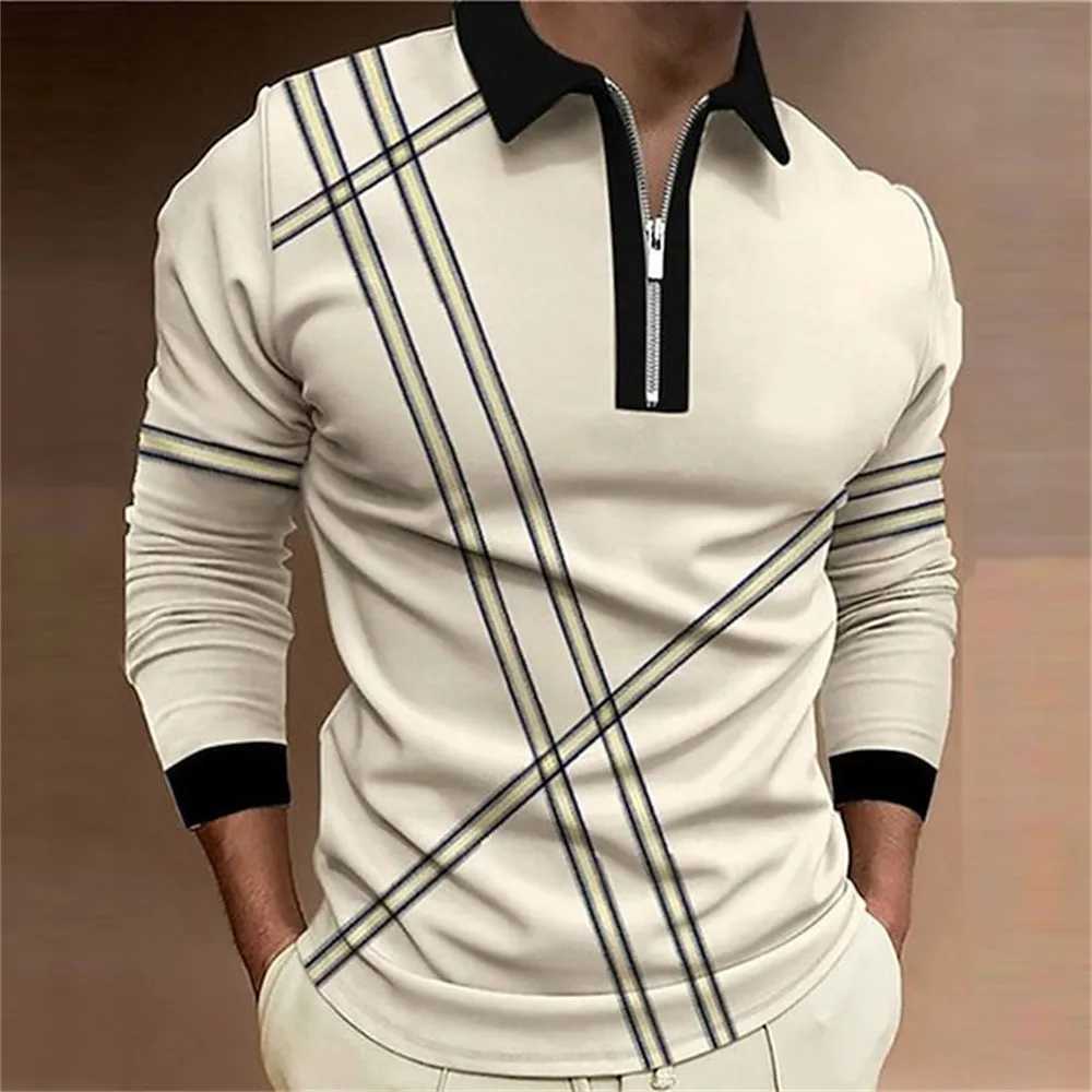 Long Sleeve Zipper POLO Shirt Men 3D Printed Lines Classic T-shirt Spring Autumn Business Casual Oversized Lapel Clothing X250213