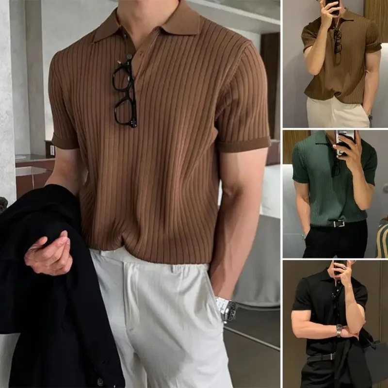 Trendy Casual Lapel Short Sleeve Buttons Half Placket Loose Men Summer T-shirt Knitting Ribbed Polo Collar Shirt Top Streetwear X250213