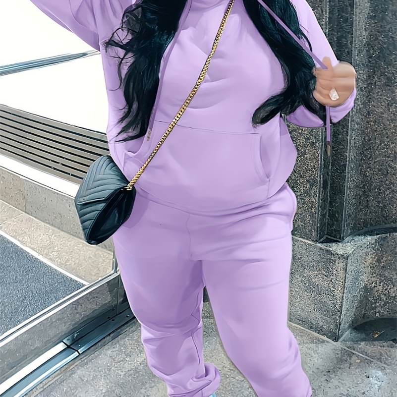 LW Plus Size Fleece Plain Two Pieces Pants Suits Autumn Winter Thickened Hooded Collar Kangaroo Pocket Drawsting Tracksuit Set y250122