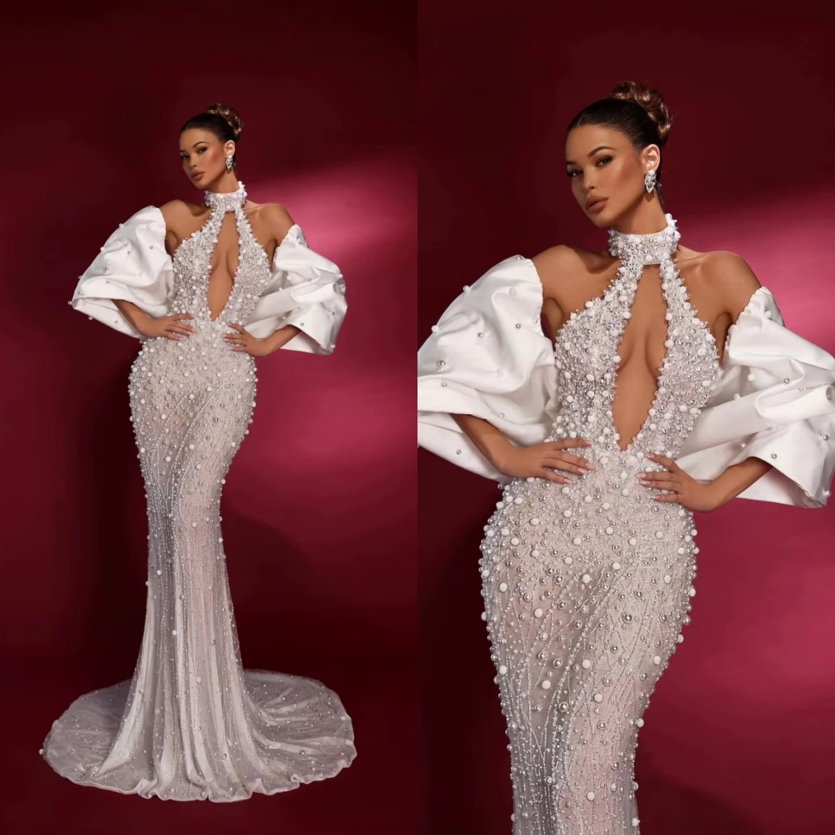 Mermaid Wedding Dress High Collar Short Sleeves Bridal Gowns Sequins Beaded Backless Sweep Train Dresses Custom Made vestidos de novia