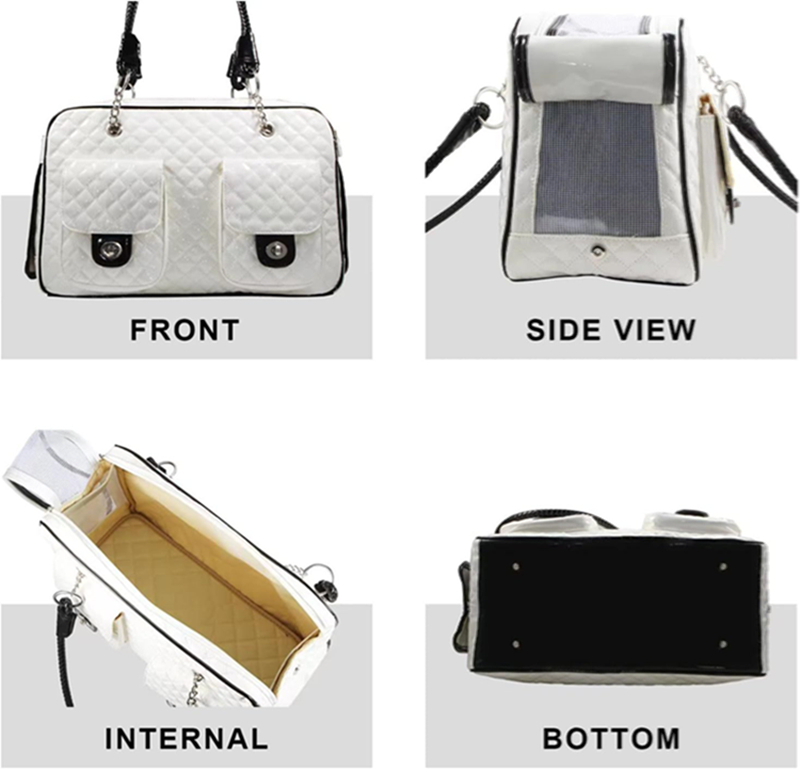 Luxurious Pet Carrier, Small Dog Carrier Two Snack Pockets, Waterpro of Shiny Leather Cats Carrying Handbag with Breathable Mesh for 8 LBS Dogs White 