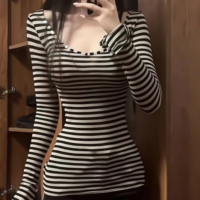 JMPRS Women Y2K Striped T Shirt American Sexy Slim Long Sleeve Crop Tops Spring Korean Fashion Harajuku Chic Ladies Tees 250211