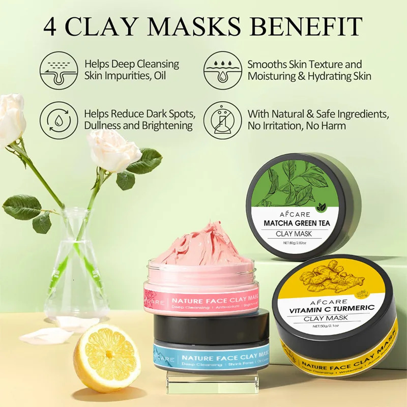 4 Pcs Clay Facial Mask Set Turmeric Vitamin C Green Tea Dead Sea Mud Rose Clay Deep Cleansing Moisturizing Refining Pores 320g 250113