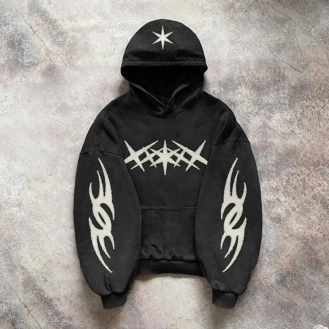 Y2k Retro Black Star Patchwork Hoodie Fashion Loose Oversized Embroidered Hooded Sweatshirt Gothic Streetwear Men Clothing 250210