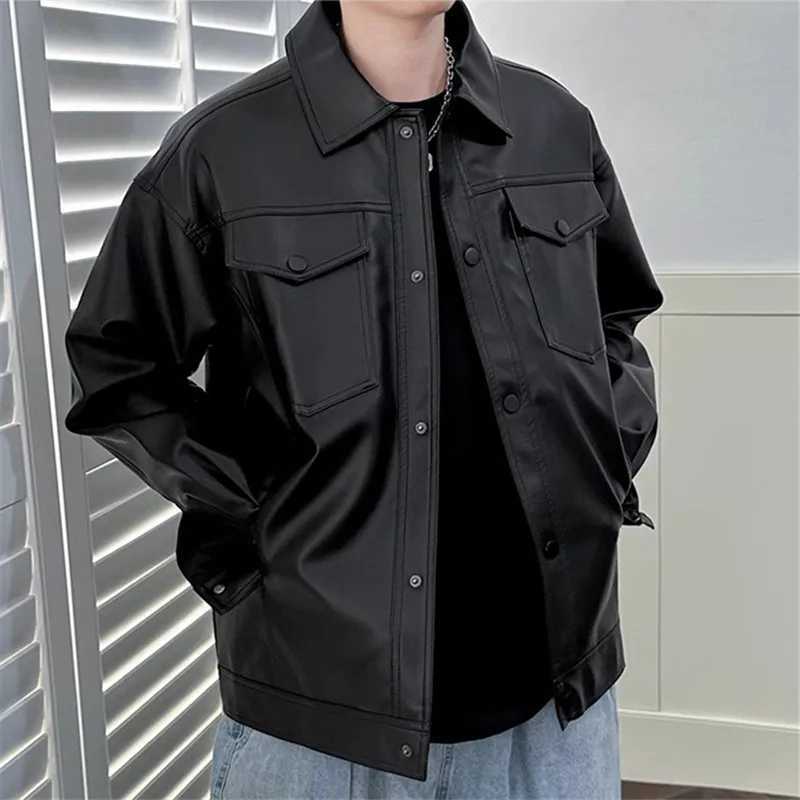 Mens Pu Leather Jackets Fashion Turn Down Collar Motorcycle Biker Suede Coats Black Loose Faux Leather Jacket Men Streetwear Men X250213