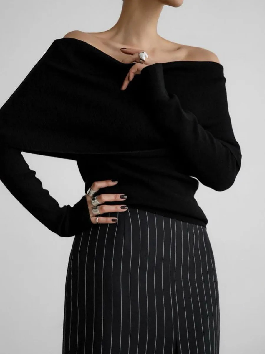 Womens Off Shoulder Sweater Spring Autumn Long Sleeve Slim Knitted Top Pullovers Jumper High Stretch Bottoming Shirts Winter 250210