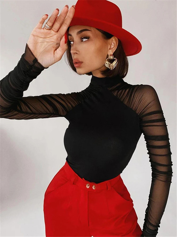 Shestyle Mesh Full Sleeve Mock Neck Body for Women Black Patchwork Stretchy Elegant Romantic Breathable Bodysuits Basic Tops 250211