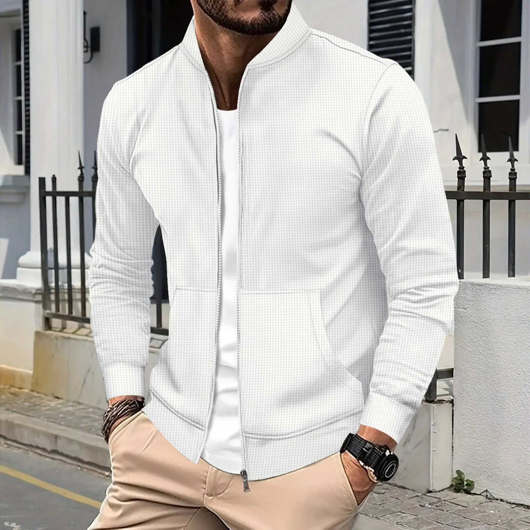 2024 Mens fall/winter new fashion comfort Waffle solid color zipper baseball jacket pocket long sleeve outdoor sports coat X250213