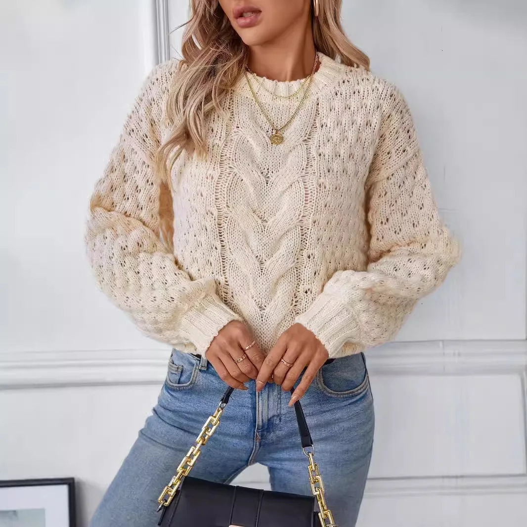Autumn Winter Womens Knitted Top Womens Hollow Pulled Sweater Womens Retro O-neck Knitted Womens Clothing 250210