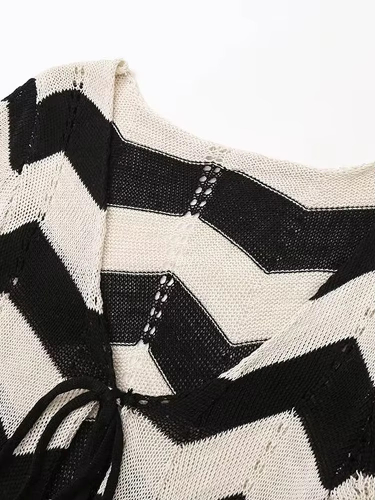 2025 Elegant Striped Knitted Dress Women Sexy V-Neck Hollow Out Lace Up Long Sleeve Vestido Female Vacation Robes