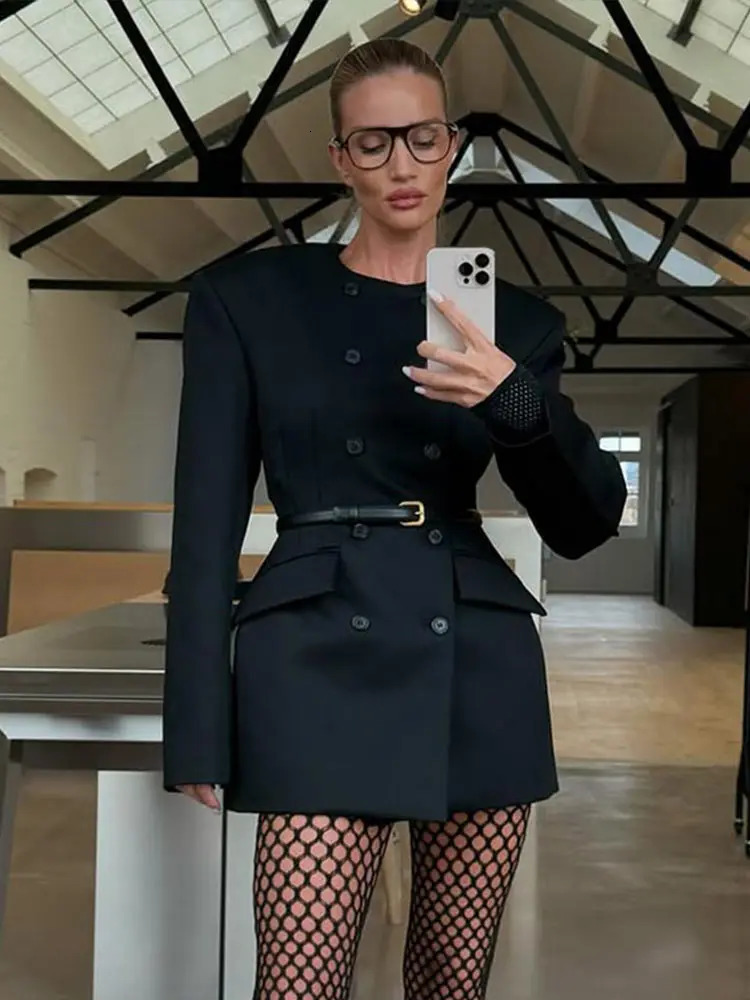 Round Neck Suit Coat Jacket Double Breasted Waist Cinched Retro Mid Length Overcoat Silhouette Women Outwear Top Spring 250122
