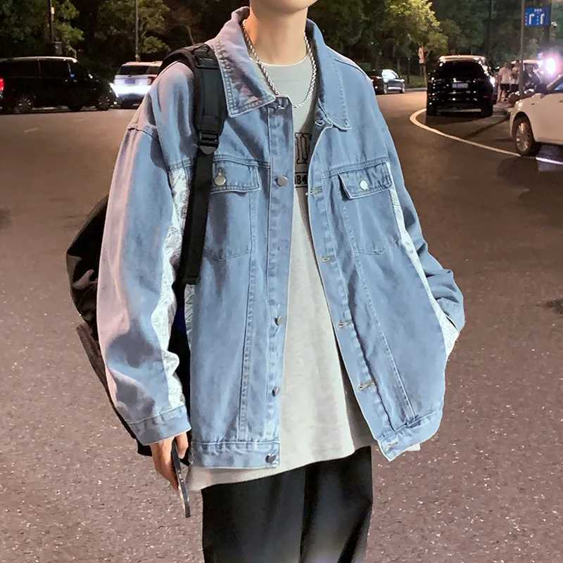 Spring and Autumn mens casual loose retro jacket with open collar floral denim jacket X250213