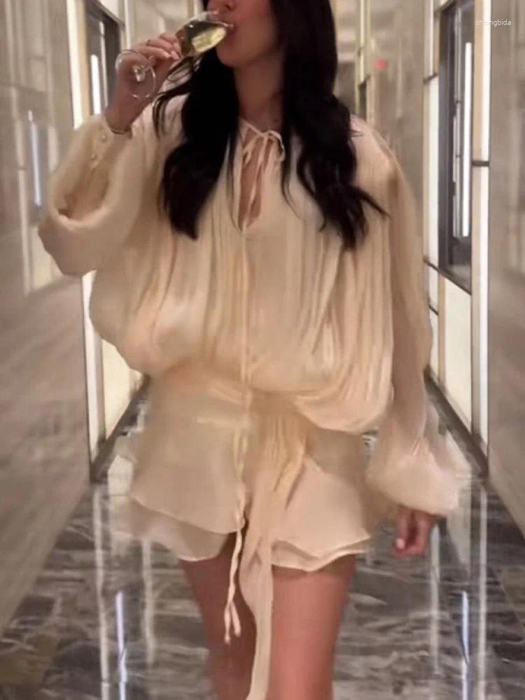 CMLONGBIDA Casual Dresses Chic Ruffle Hem Mini Dress O Neck Lace Up Loose Blouse Lantern Sleeve Solid Chiffon Vestidos 2025 Lady Spring Gown