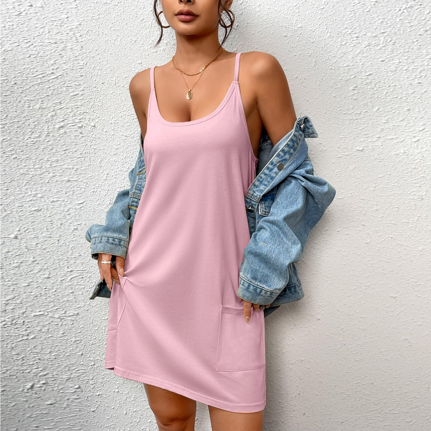 B690-European and American women's home clothes nightdress with pockets three-quarter sleeves short style