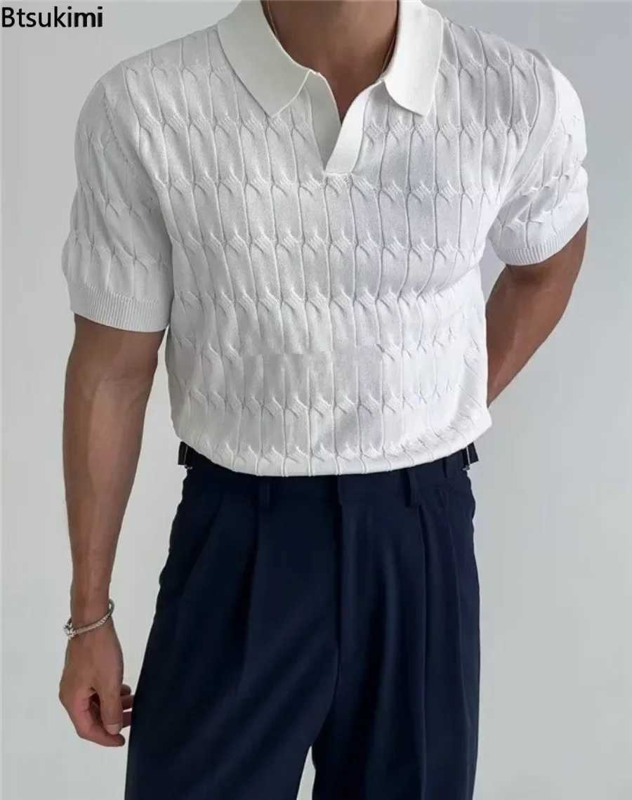 Summer Mens Jacquard Knitted Polo Shirts Stylish V-neck Short-sleeved Lapel Knit Pullover Tops Mens Business Casual Wear T-shirt X250213