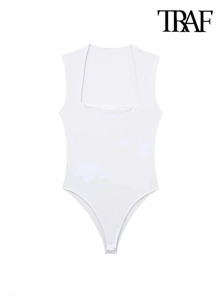 TRAFSkinny Bodysuits for Women Sexy Fashion Square Neck Sleeveless SnapButton Female Playsuits Mujer 250211