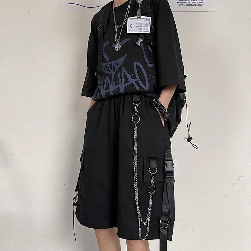 Casual Loose Cargo Shorts Women Harajuku Hip Hop Punk Large Pocket Wide Leg Shorts Fashion Chain High Waist Joggers Short Pants 250210